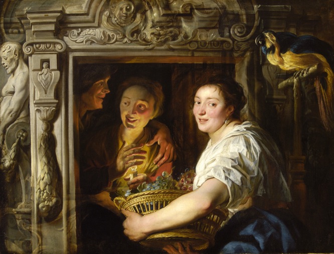 13.servante avec une corbeille de fruits et un couple damoureux jordaens - copie